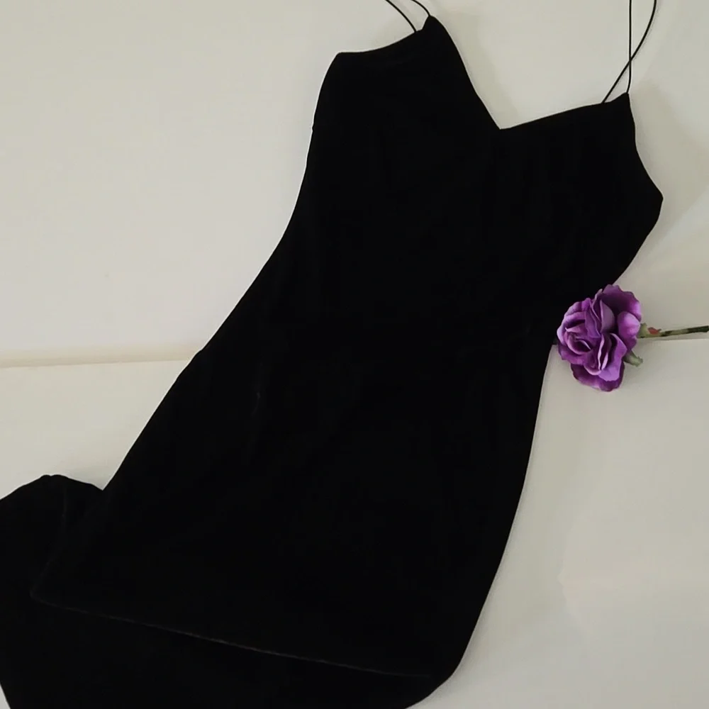 Black Velvet Midi Slip Dress Small | Stretchy Lined Bodycon by The Vintage Shop - Picture 4 of 9